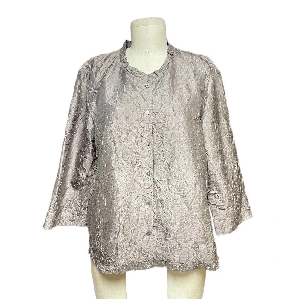 Eileen Fisher‎ Tan Silk Crinkle Evening Jacket Size Medium